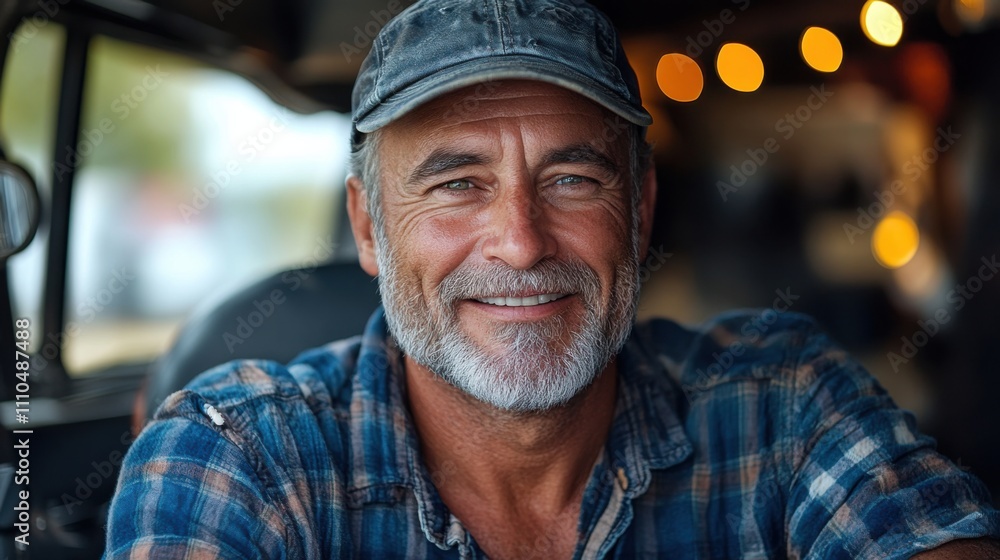 Smiling older man in plaid cap and denim shirt sitting in vehicle driver seat. Warm expression, truck driver portrait, outdoor lifestyle, seasoned professional. Smiling older man in plaid cap and denim shirt sitting in vehicle driver seat. Warm expression, truck driver portrait, outdoor lifestyle, seasoned professional.