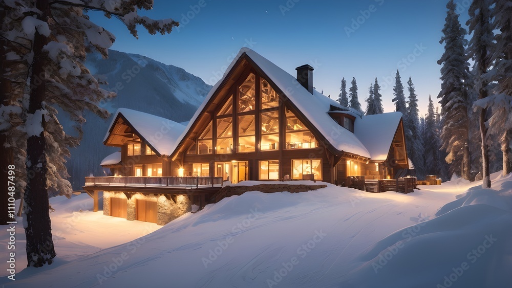 Ski lodge surrounded by snow with a warm light glowing from inside Ski lodge surrounded by snow with a warm light glowing from inside
