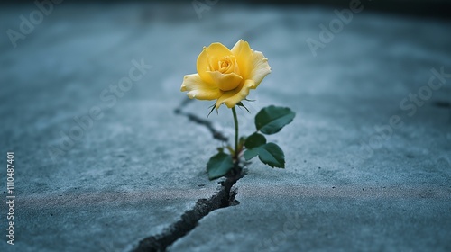 A resilient yellow rose blooms through a crack in concrete, symbolizing hope and perseverance. photo