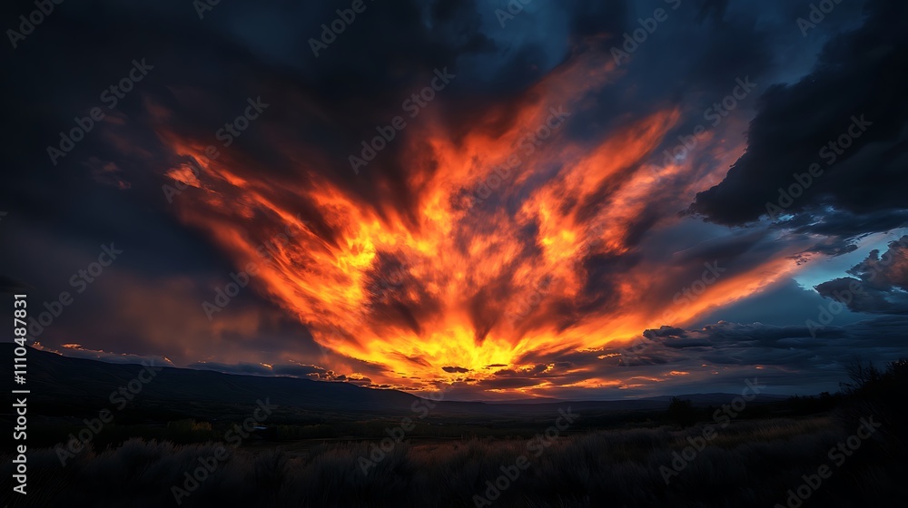 Fototapeta premium Fiery sunset cloudscape over a silhouetted landscape.