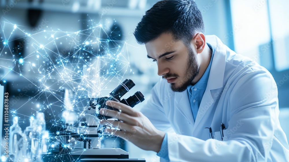 A scientist looks through a microscope in a lab. A scientist looks through a microscope in a lab.