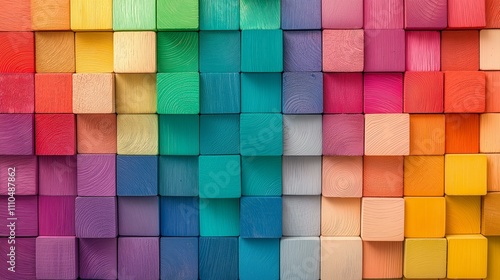 Vibrant geometric pattern of colorful wooden blocks arranged in a seamless gradient spectrum.