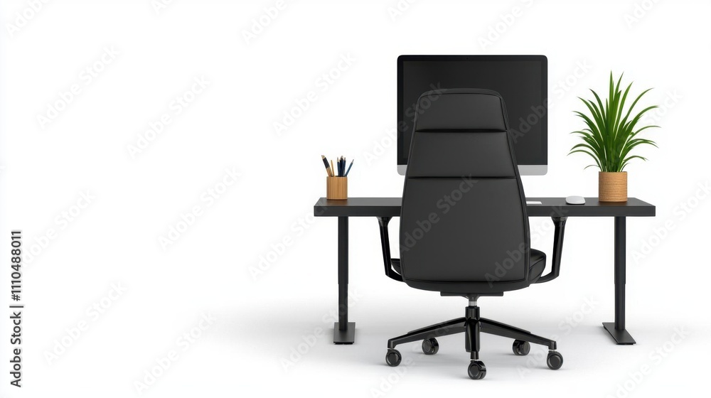A photostock of a modern office desk setup with a sleek black computer and ergonomic chair, isolated on a clean white background. High Quality A photostock of a modern office desk setup with a sleek black computer and ergonomic chair, isolated on a clean white background. High Quality