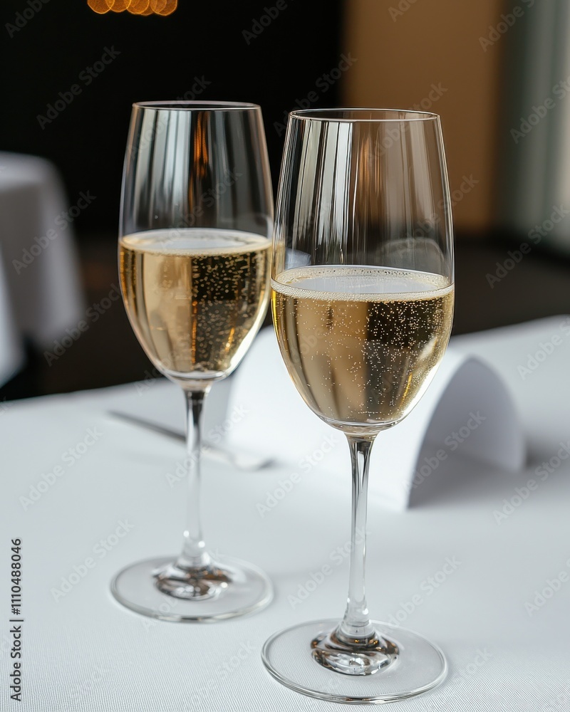 Two elegant champagne flutes filled with bubbly beverage, set on a white tablecloth, suggesting a celebration or special occasion. Two elegant champagne flutes filled with bubbly beverage, set on a white tablecloth, suggesting a celebration or special occasion.