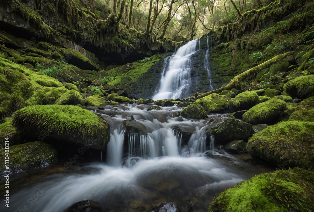 Obraz premium waterfall surrounded by mossy rocks, captured from a low angle