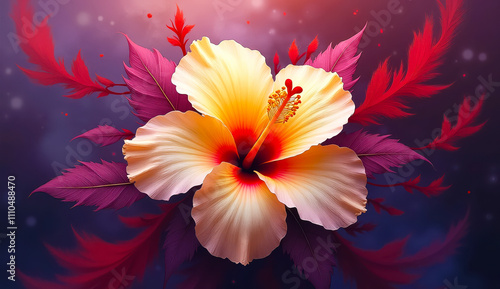 Vibrant image of a white hibiscus flower with a red center. The flower is surrounded by dark purple and red leaves, creating a fabulous scene with a touch of glitter.