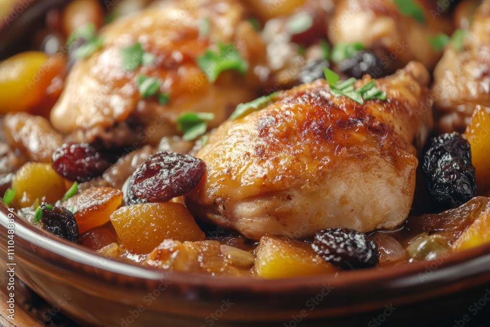 Moroccan tajine with chicken drumsticks, apricots and prunes, garnished with fresh parsley leaves
Moroccan tajine with chicken drumsticks, apricots and prunes, garnished with fresh parsley leaves