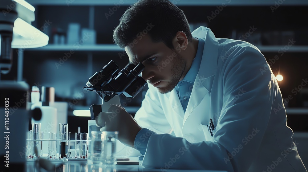 A scientist in a lab coat examines a sample under a microscope. A scientist in a lab coat examines a sample under a microscope.