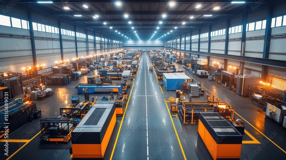 Aerial View of a Spacious Industrial Warehouse Filled with Heavy Machinery and Equipment under Bright Lighting for Efficient Operations Aerial View of a Spacious Industrial Warehouse Filled with Heavy Machinery and Equipment under Bright Lighting for Efficient Operations