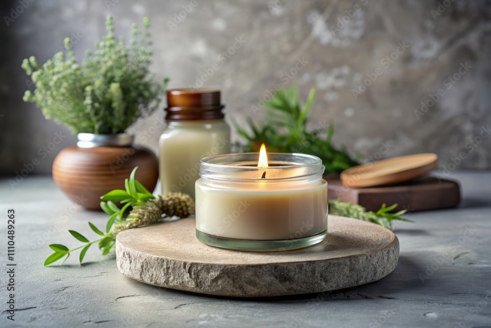 Glass Jar Mockup on Concrete Podium for Natural Cosmetics with Soy Wax Candle and Beauty Products in Nature-Inspired Composition Glass Jar Mockup on Concrete Podium for Natural Cosmetics with Soy Wax Candle and Beauty Products in Nature-Inspired Composition