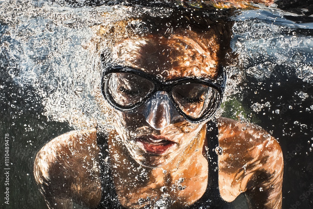 Fototapeta premium Swimmer wearing goggles diving underwater with bubbles rising to surface
