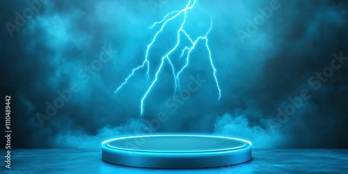 Abstract blue background with a podium and lightning bolt for a product presentation