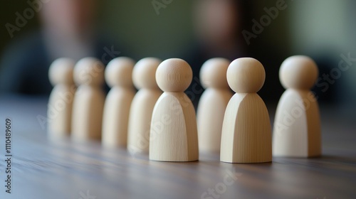 Wooden figures in a line symbolize teamwork and unity on a wooden table surface. photo