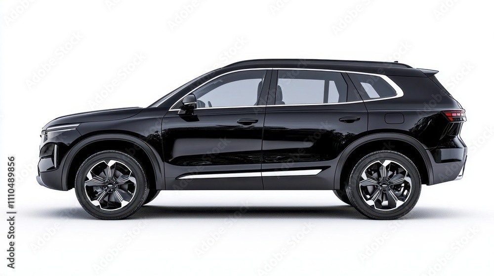 A photostock of a sleek black luxury SUV, angled dynamically, isolated on a white background for automotive or modern lifestyle themes. High Quality A photostock of a sleek black luxury SUV, angled dynamically, isolated on a white background for automotive or modern lifestyle themes. High Quality
