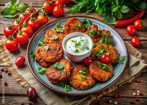 Greek Tomato Fritters (Tomatokeftedes) Served with Creamy Yogurt on a Rustic Plate, Garnished with Fresh Herbs and Colorful Vegetables for an Authentic Culinary Experience