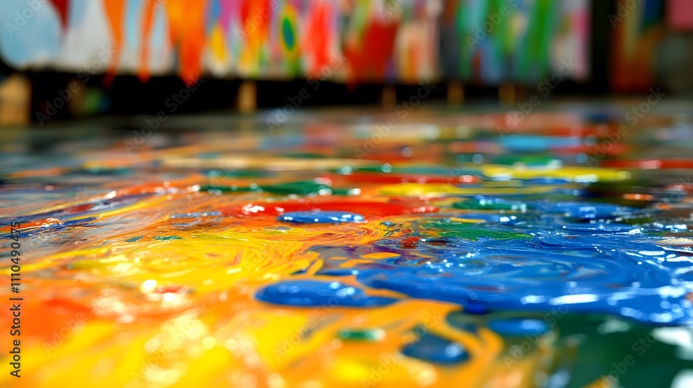 Close-up of vibrant mixed paint colors on a palette. Close-up of vibrant mixed paint colors on a palette.