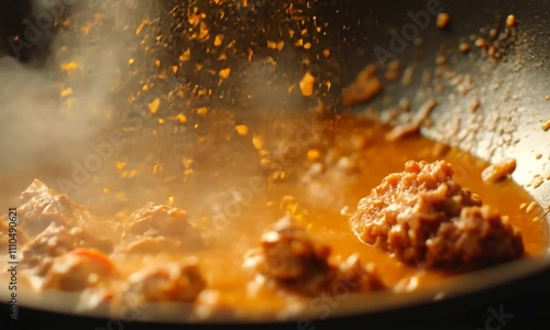 Steaming Spicy Meat Stew Simmering in a Wok photo