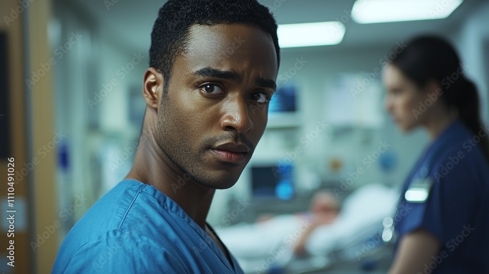 A healthcare worker wearing scrubs, looking focused while tending to a patient in a hospital A healthcare worker wearing scrubs, looking focused while tending to a patient in a hospital