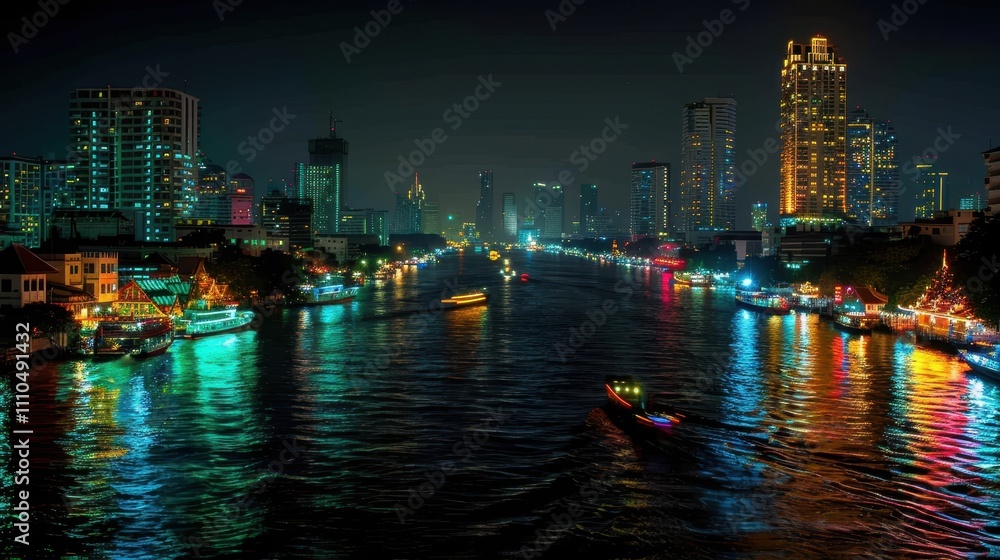 Fototapeta premium A vibrant cityscape at night, showcasing illuminated buildings and a river reflecting colorful lights.