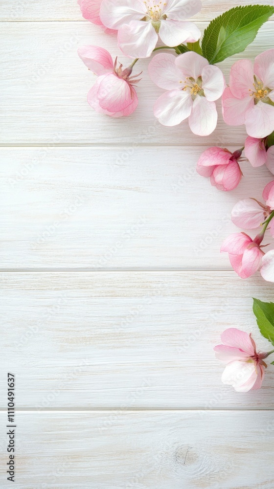 A white background with pink flowers and green leaves A white background with pink flowers and green leaves