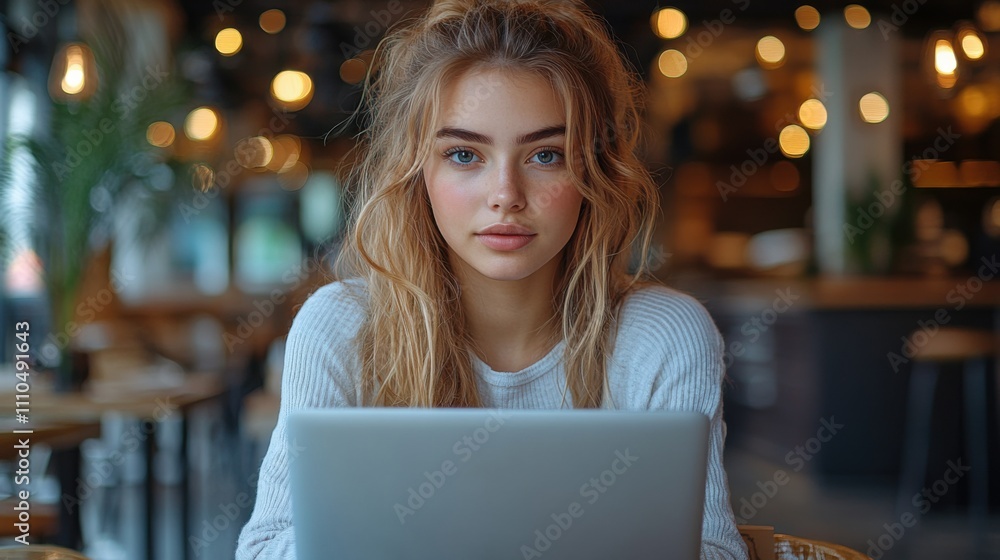 Focused woman with laptop at stylish café, surrounded by cozy warm light and trendy decor. Urban productivity, modern work vibe, lifestyle inspiration, creative atmosphere. Focused woman with laptop at stylish café, surrounded by cozy warm light and trendy decor. Urban productivity, modern work vibe, lifestyle inspiration, creative atmosphere.