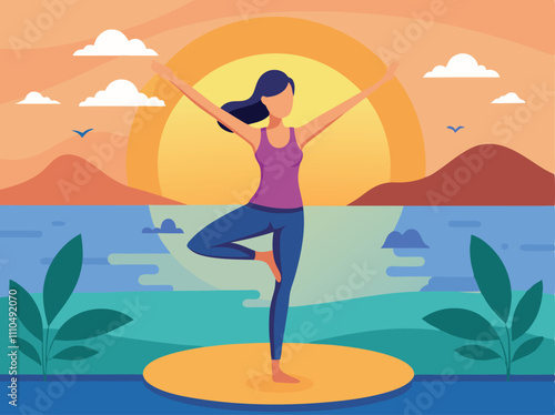 peaceful beach yoga with sunset view. eps 10