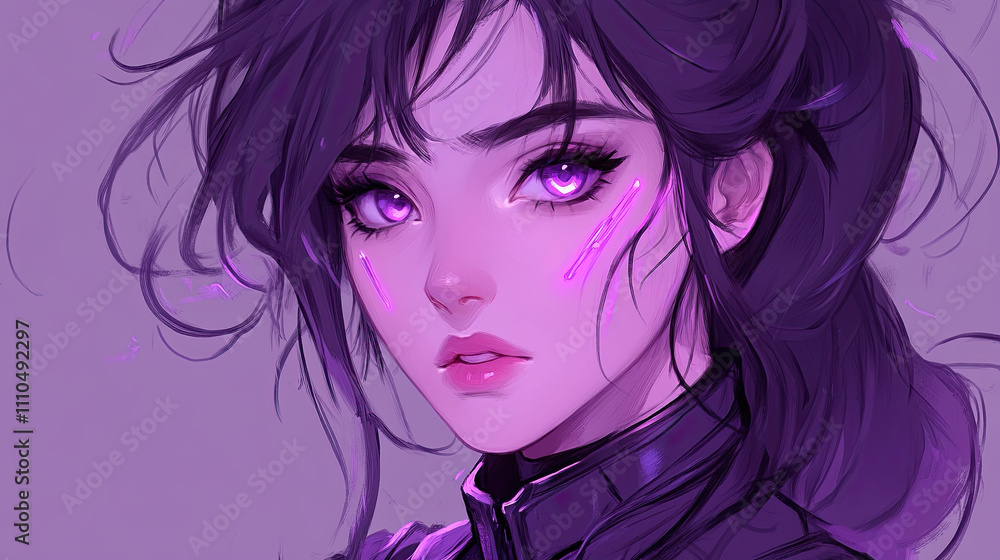 Character Portrait Featuring a Young Woman With Purple Hair and Striking Violet Eyes in a Futuristic Outfit Set Against a Soft Purple Background Character Portrait Featuring a Young Woman With Purple Hair and Striking Violet Eyes in a Futuristic Outfit Set Against a Soft Purple Background