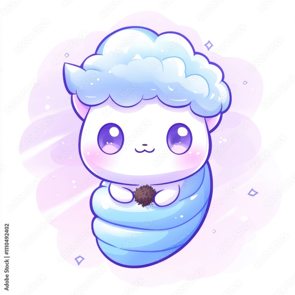 Cute and Adorable Cartoon Character with Cloud Hat and Soft Blue Body, Holding a Small Brown Object, Perfect for Children's Illustrations and Whimsical Designs Cute and Adorable Cartoon Character with Cloud Hat and Soft Blue Body, Holding a Small Brown Object, Perfect for Children's Illustrations and Whimsical Designs