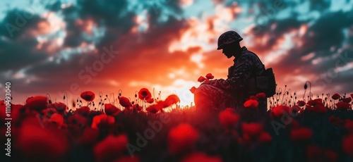 Soldier silhouette in poppy field at sunset, reflecting on memories, vibrant colors, emotional scene, copy space for text