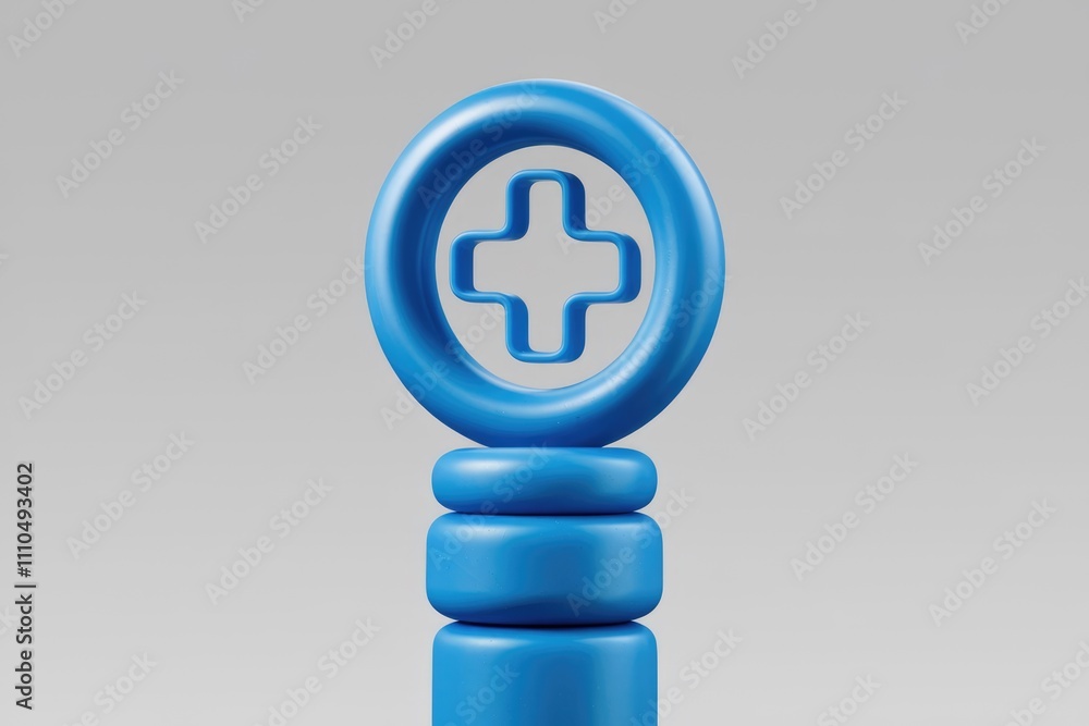 A 3D rendering of a blue medical cross symbol on a stacked pillar. A 3D rendering of a blue medical cross symbol on a stacked pillar.