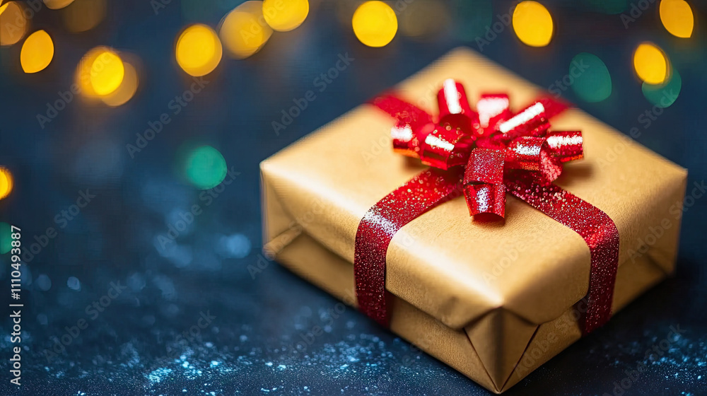 A Beautifully Wrapped Gift With a Sparkling Red Bow Sits on a Dark Surface Illuminated by Soft Holiday Lights A Beautifully Wrapped Gift With a Sparkling Red Bow Sits on a Dark Surface Illuminated by Soft Holiday Lights