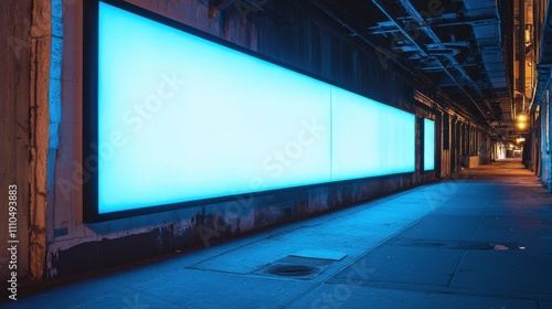 Urban Utility Corridor: Cool Blue-Toned Lighting and Minimalist Design with Geometric Precision in an Industrial Concrete Setting, Architectural Documentary Style.