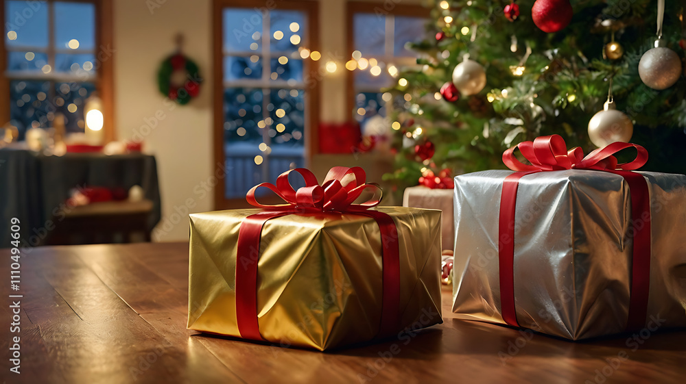Wrapped Christmas gifts on a wooden table in a cozy living room with a decorated Christmas tree in the background. Wrapped Christmas gifts on a wooden table in a cozy living room with a decorated Christmas tree in the background.