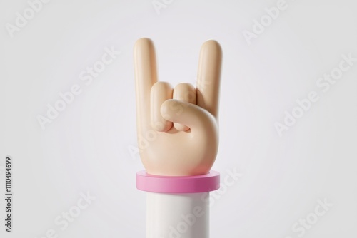 A 3D rendered cartoon hand showing the rock on gesture  on a pink base. photo