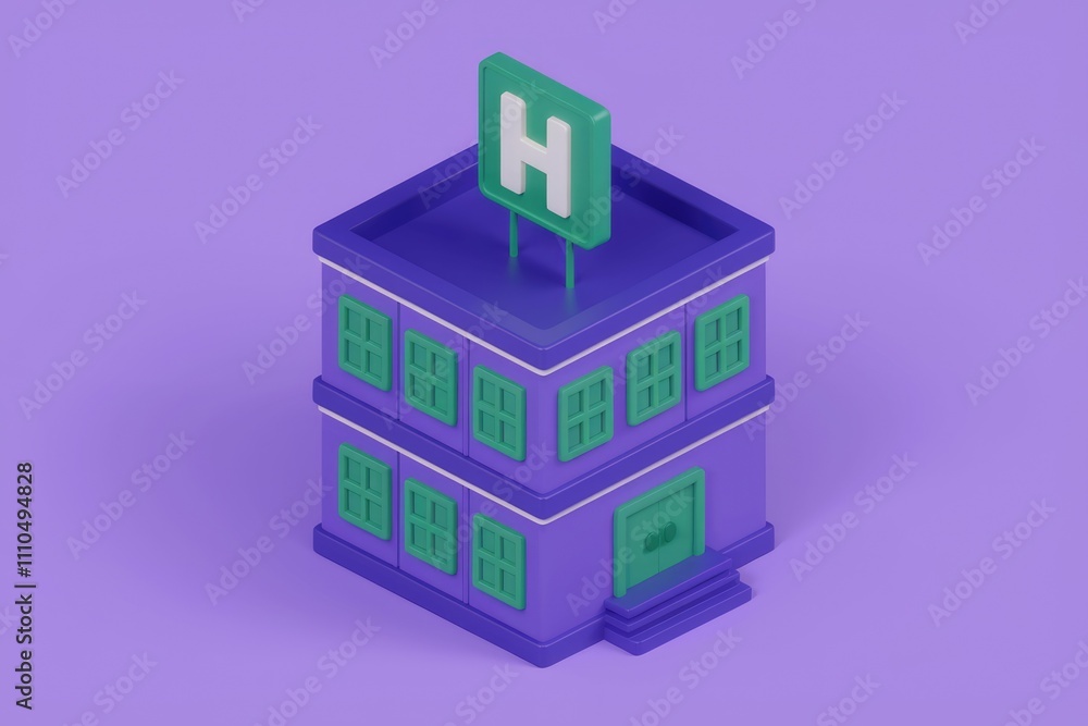 A minimalist 3D model of a purple hotel building with green windows and an H sign on the roof. A minimalist 3D model of a purple hotel building with green windows and an H sign on the roof.
