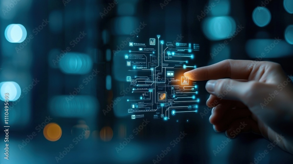 Fototapeta premium mobile payment cashless network concept. A hand interacting with glowing digital circuits, representing technology and innovation in a futuristic setting.