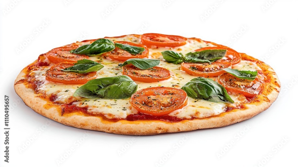 A photostock of freshly baked pizza topped with tomatoes, basil, and mozzarella, isolated on a white background for food themes. High Quality A photostock of freshly baked pizza topped with tomatoes, basil, and mozzarella, isolated on a white background for food themes. High Quality
