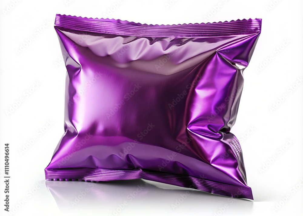 Macro Photography of Purple Pillow Food Packaging Foil and Plastic Snack Bags Mockup Featuring Opened Cut Isolated on White Background for Food Production and Marketing Use Macro Photography of Purple Pillow Food Packaging Foil and Plastic Snack Bags Mockup Featuring Opened Cut Isolated on White Background for Food Production and Marketing Use