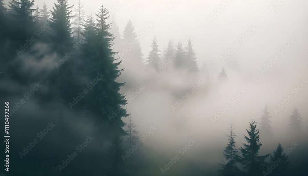 A misty landscape featuring a dense fir forest, captured in a hipster vintage retro style. The scene is characterized by soft, muted tones and a dreamy atmosphere A misty landscape featuring a dense fir forest, captured in a hipster vintage retro style. The scene is characterized by soft, muted tones and a dreamy atmosphere