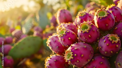 Macro view of prickly pear cactus fruit, its bright magenta flesh dotted with tiny seeds photo