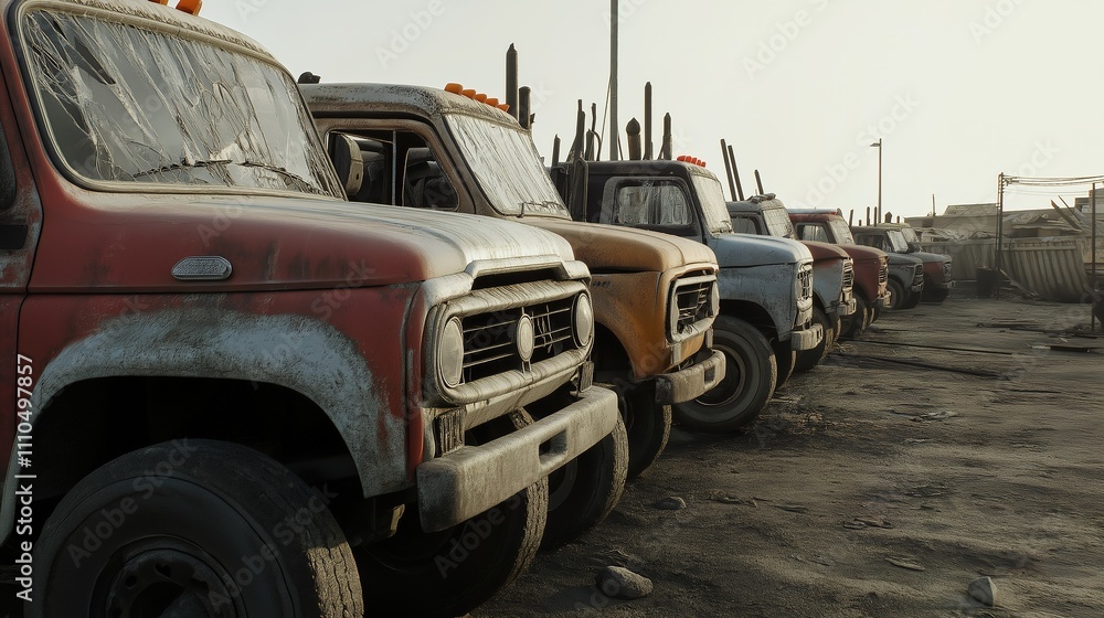 Fototapeta premium Empty damaged trucks scattered on a desolate street, symbolizing the aftermath of a crisis and the need for resilience and rebuilding.