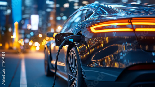 Wallpaper Mural Electric car charging at night with city lights in background Torontodigital.ca