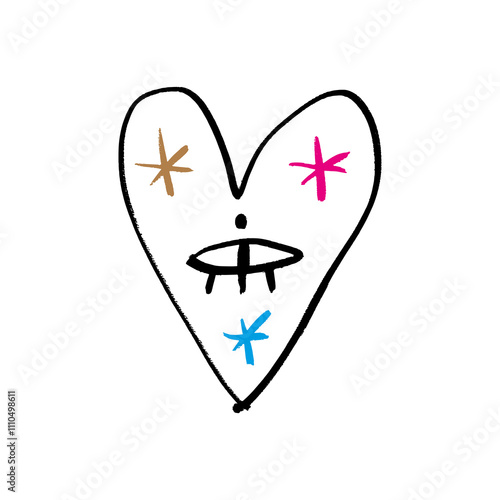 Cute charming sacred heart black and color grunge brush vector hand drawn symbol with eye face and tail illustration clipart. Love Valentine symbol. Decor element for logo, label, emblem, poster