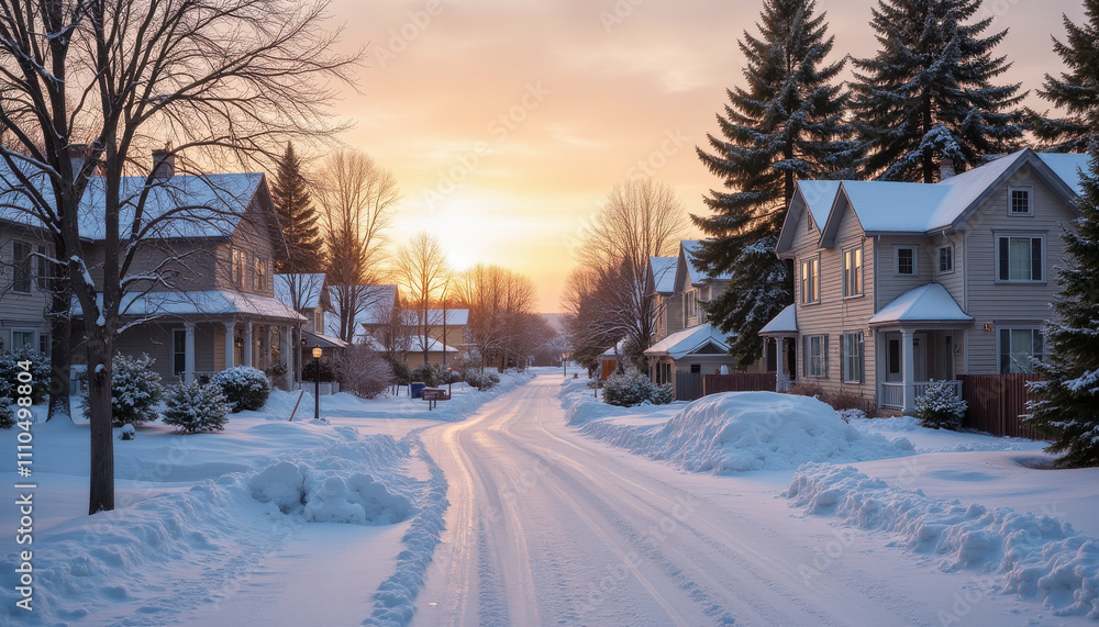 Snowy suburban street at sunset with houses and winter trees Snowy suburban street at sunset with houses and winter trees