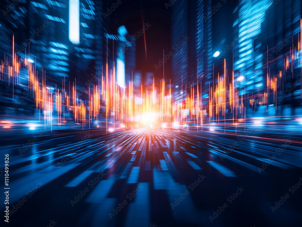 vibrant cityscape at night with glowing financial graphs overlaying scene, symbolizing bustling financial district. dynamic lights and motion blur create sense of energy and progress vibrant cityscape at night with glowing financial graphs overlaying scene, symbolizing bustling financial district. dynamic lights and motion blur create sense of energy and progress