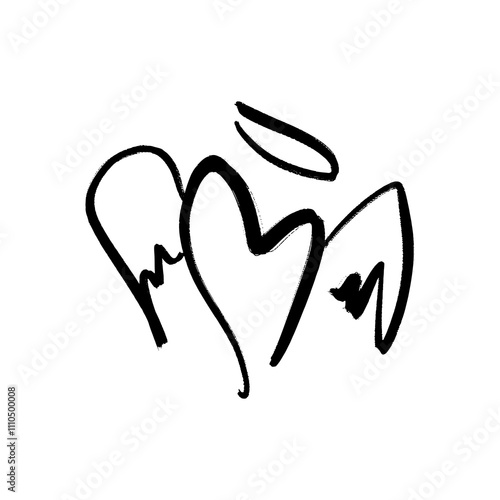 Black grunge brush vector hand drawn symbol cute heart with wings and nimbus illustration clip-art winged angel. Love Valentine symbol. Decor element for logo, label, emblem, poster, postcard, nail