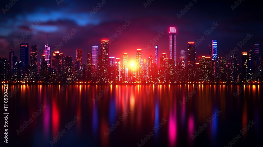 Fototapeta premium futuristic city skyline glowing with neon lights reflects on calm body of water, creating vibrant and colorful scene. bright lights contrast with dark night sky, evoking sense of wonder and