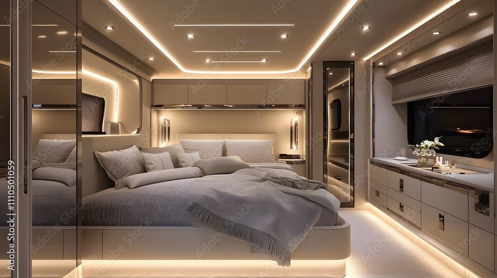 Contemporary motorhome bedroom with modern furniture and soft lighting. Designed for comfort and style with minimalist decor and clean lines. Contemporary motorhome bedroom with modern furniture and soft lighting. Designed for comfort and style with minimalist decor and clean lines.