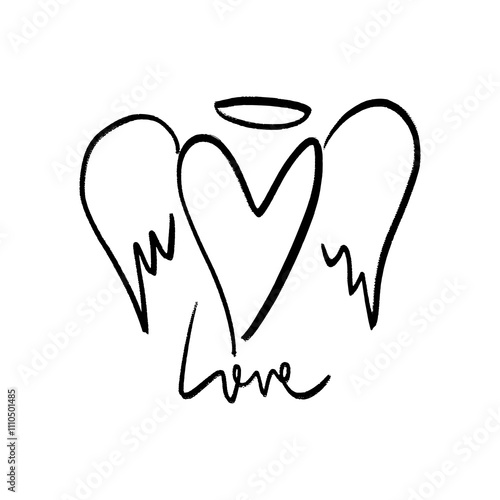 Black grunge brush vector hand drawn symbol cute heart with wings and nimbus illustration clip-art winged angel. Love Valentine symbol. Decor element for logo, label, emblem, poster, postcard, nail