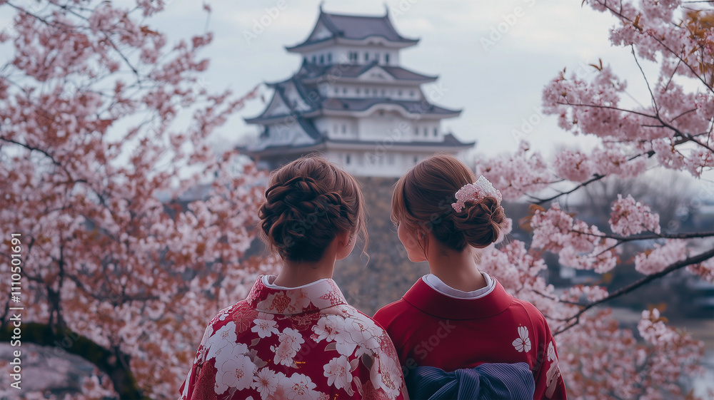 Fototapeta premium 姫路城で桜と着物を楽しむ西洋人観光客